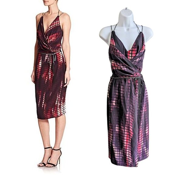 KEMPNER Olivia Purple Tiffany Print Knit Tassel Tie Wrap 100% Silk Dress Size 4 - Picture 1 of 10